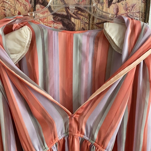 60s 70s VINTAGE LESLIE FAY SILKY LS STRIPE BELTED PRARIE BOHO MIDI DRESS 6 VTG - Picture 11 of 16